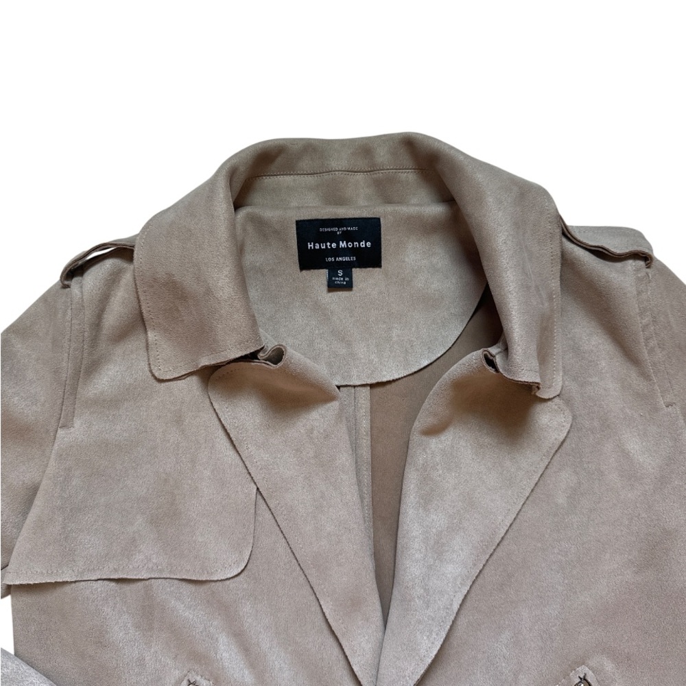 Suede Taupe Beige Blazer Jacket Sz S Minimalist Business Casual Zip Pockets - Picture 5 of 12